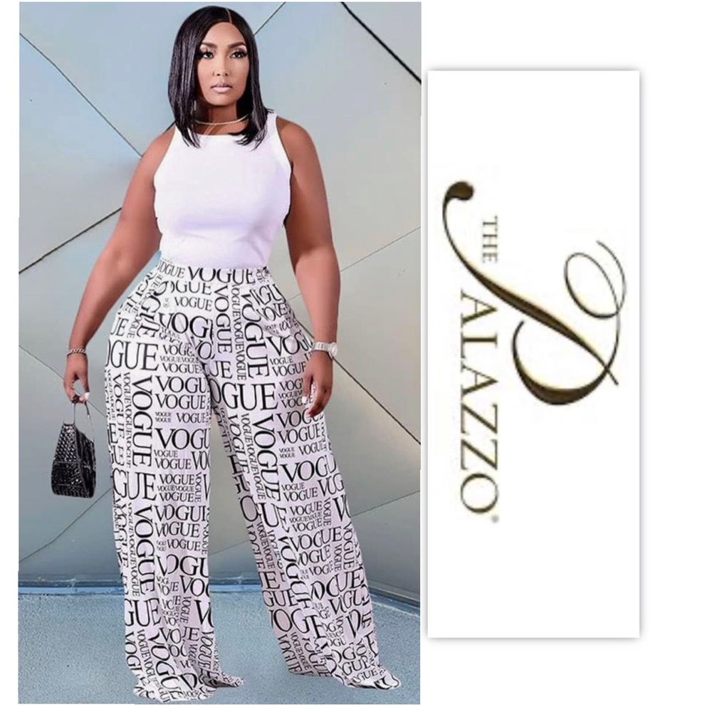 High Waisted Vogue Print Wide Leg Long Palazzo Trousers Pants